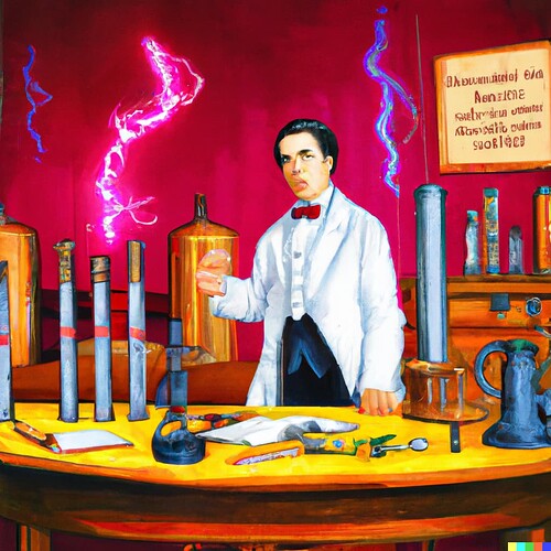 DALL·E 2023-01-21 10.10.10 - Nikola Tesla brought back to life in color surrounded by his inventions especially the tesla coil laboratory