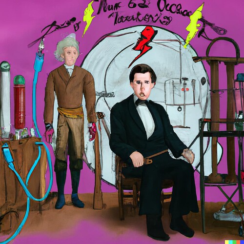 DALL·E 2023-01-21 08.42.30 - Nikola Tesla brought back to life in color surrounded by his inventions especially the tesla coil laboratory