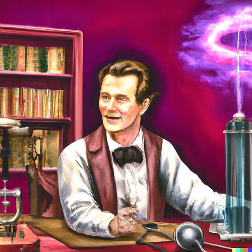 DALL·E 2023-01-21 10.09.36 - Nikola Tesla brought back to life in color surrounded by his inventions especially the tesla coil laboratory